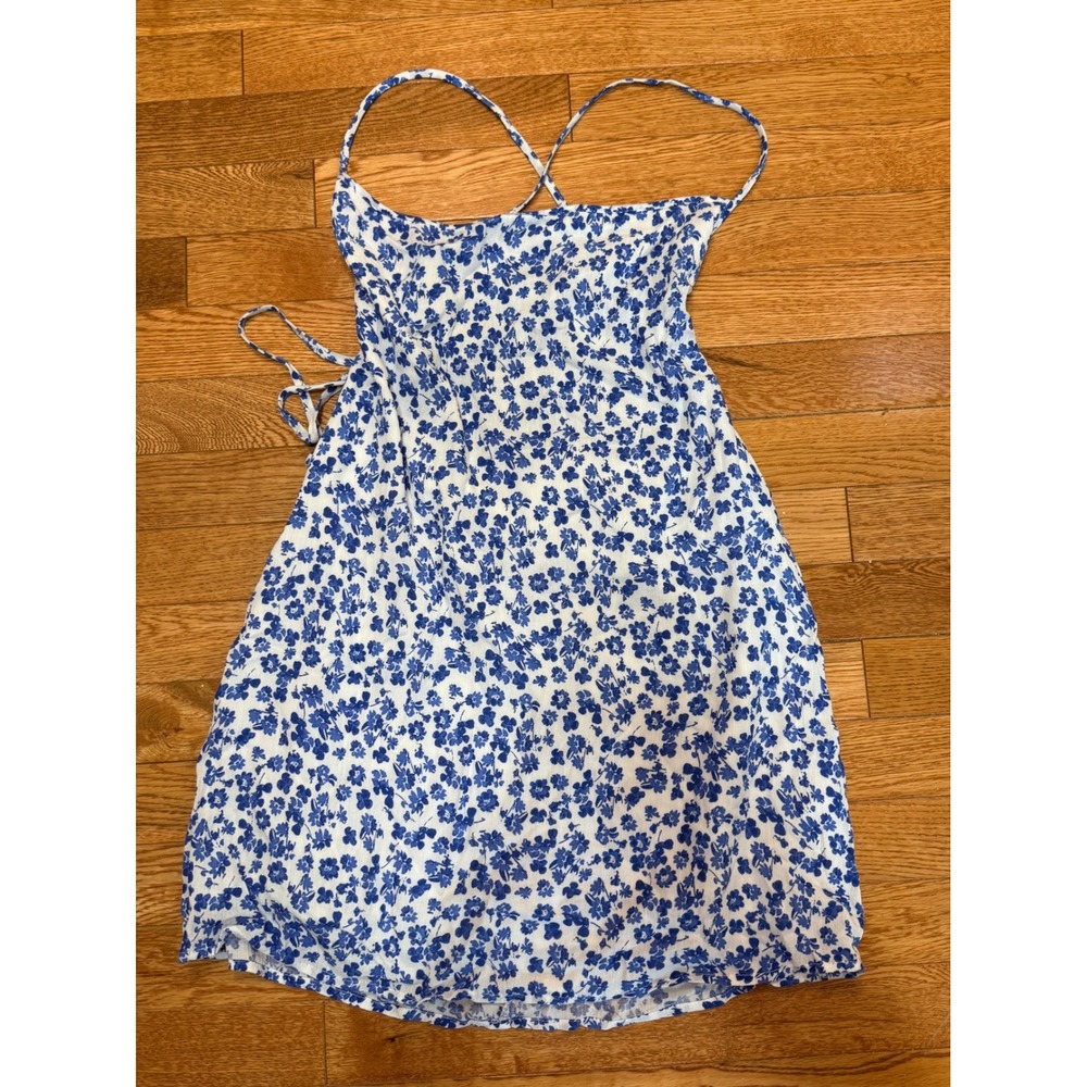 Sky to Moon Blue White Floral Mini Dress Open Tie Back Sun Dress Large